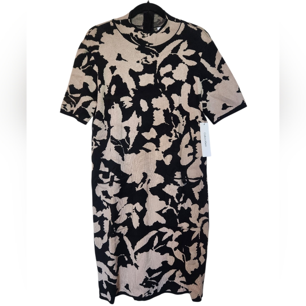 NWT Calvin Klein Abstract Print Black and Tan Short Sleeve Sweater Dress